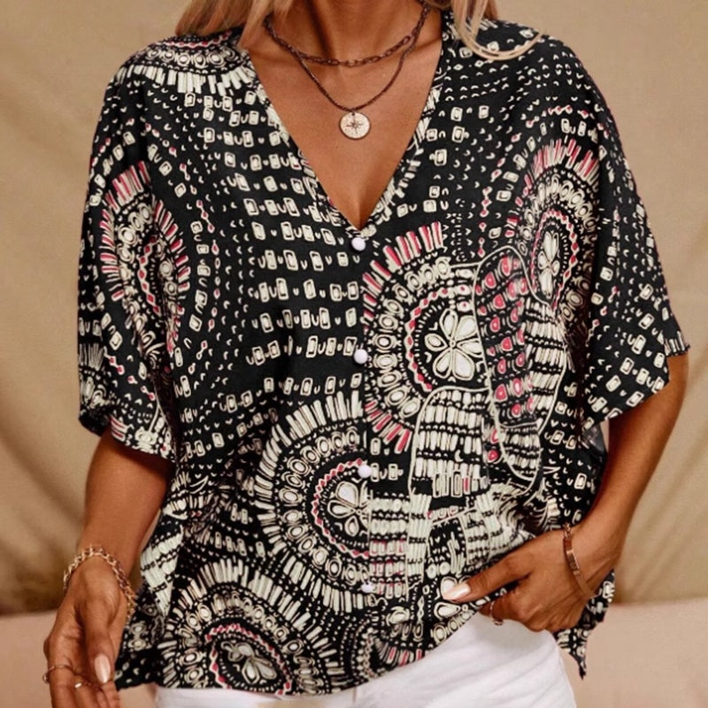 Mandala Print V-Neck Blouse – Casual Vacation Top